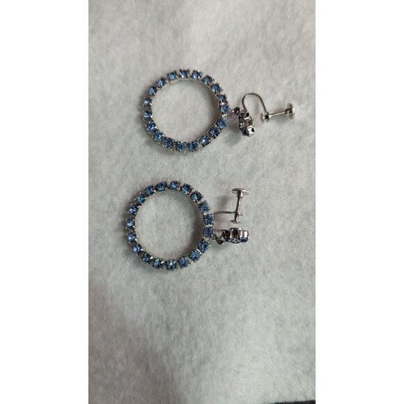 Vintage Silver-Tone Blue Rhinestone Screw-Back Hoop Earrings Estate - Picture 5 of 5